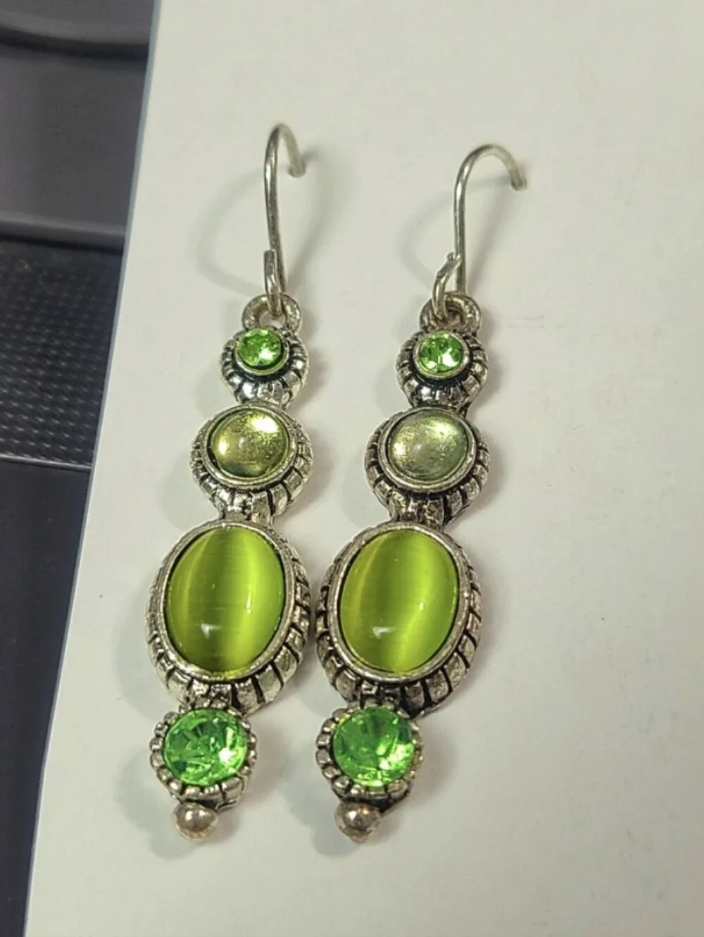Vintage Lime Green Cat Eye Stone Sliver Dangle Earrings